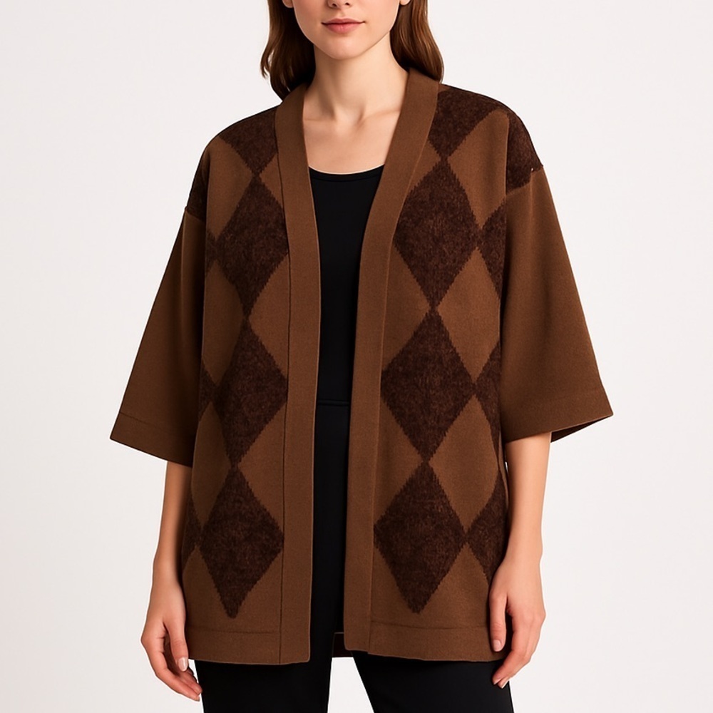 Mondi Vintage Oversized Wool Blend Argyle Cardigan Womens XL Brown GrandpaCore